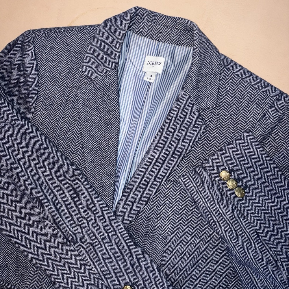 J.Crew Schoolboy Blazer Jacket 4 Navy Herringbone Gold Button Wool Blend BJ827